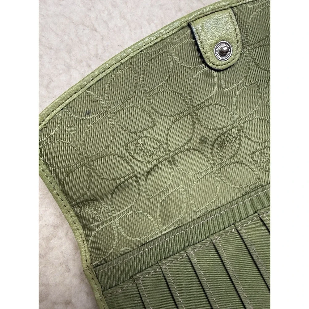 Vintage Y2K Fossil Spring Green Leather Trifold Wallet Organizer Retro 2000s